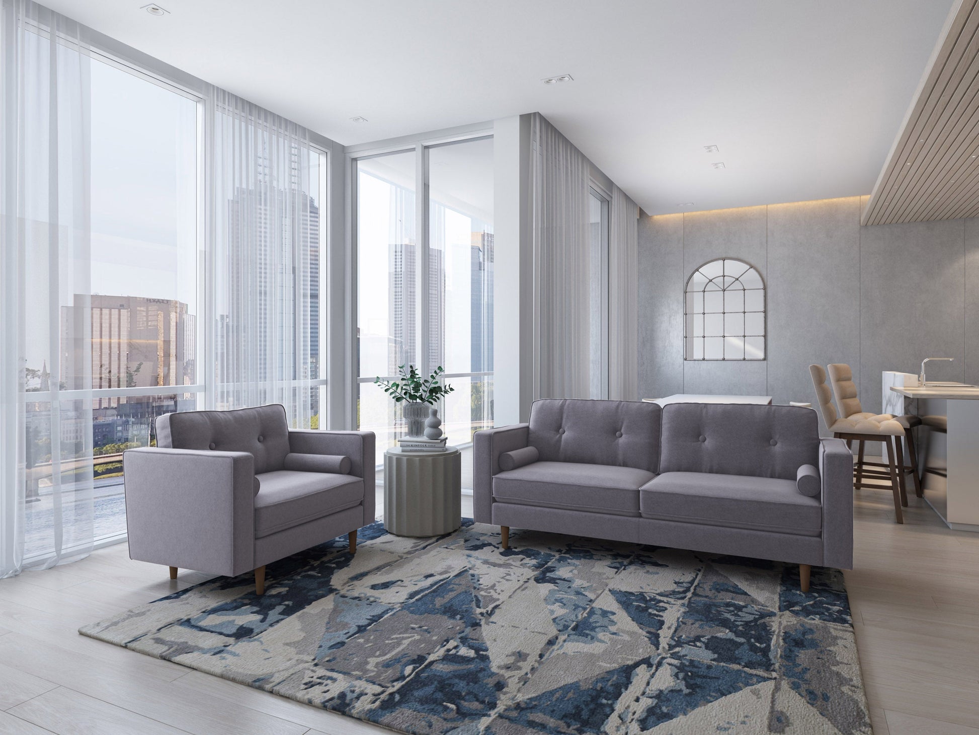 Grey fabric sofa and chair set with wooden legs, tufted cushions, and modern minimalist design.