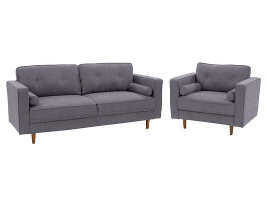 Grey sofa and chair set with wooden legs, tufted cushions, and modern design.