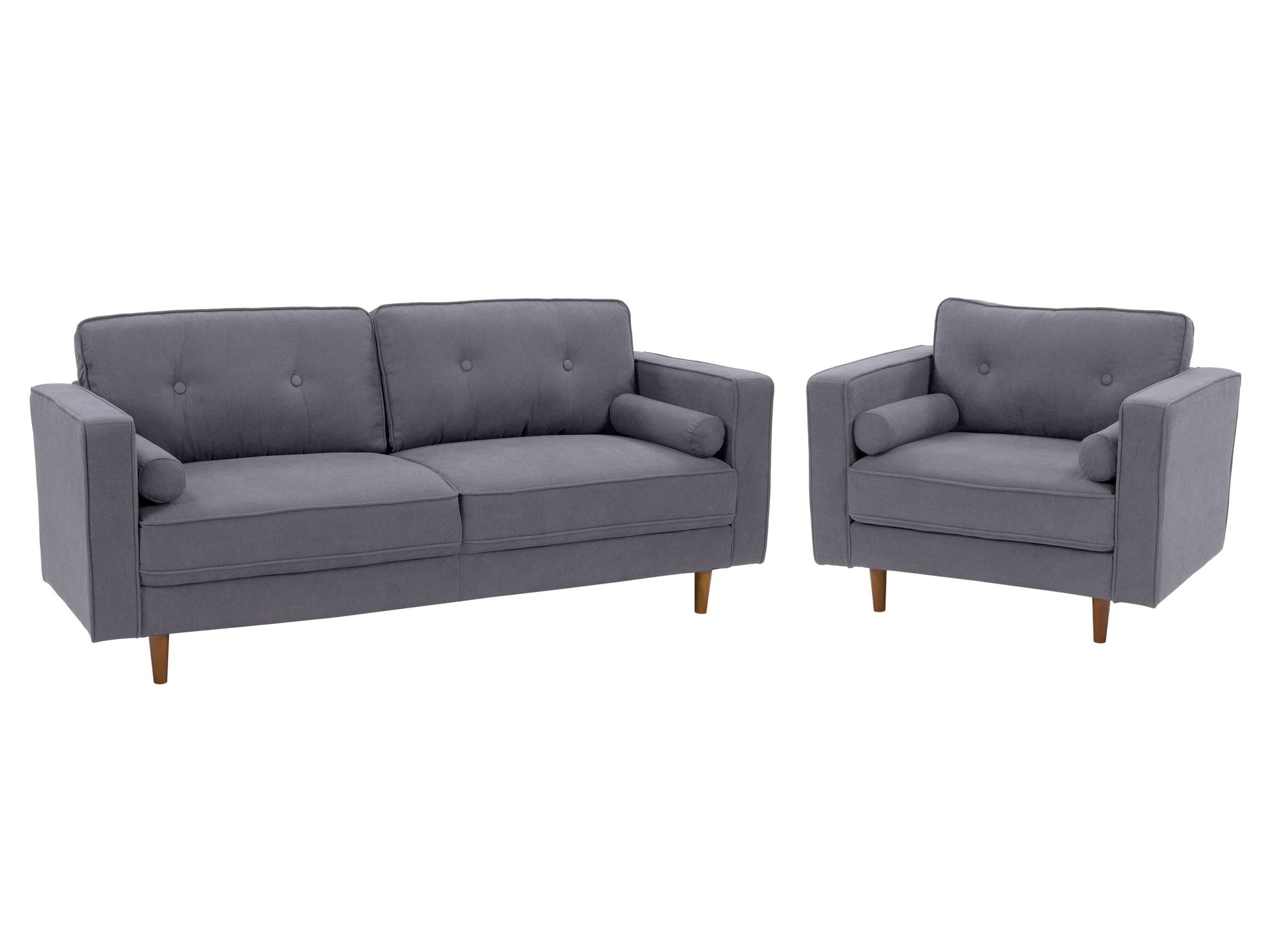 Grey sofa and chair set with wooden legs, tufted cushions, and modern design.