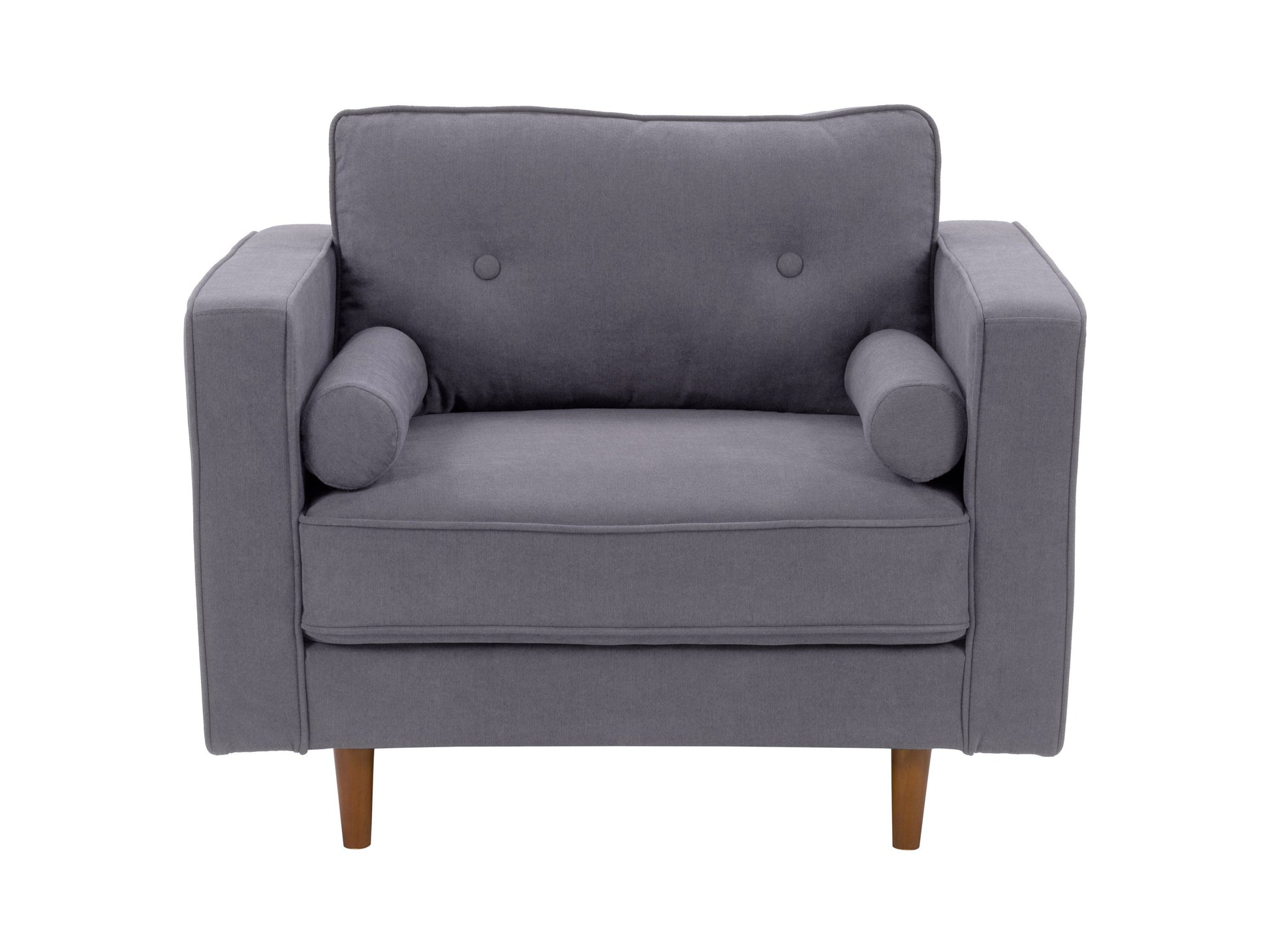 Grey accent chair with ottoman, fabric upholstery, wooden legs, and modern design.
