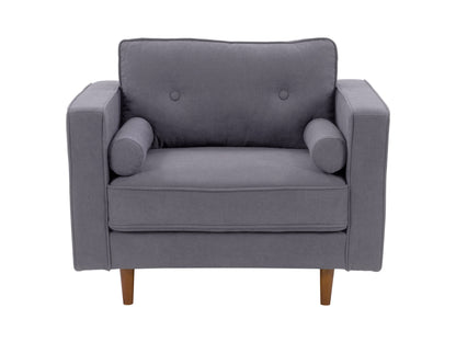 Grey accent chair with ottoman, fabric upholstery, wooden legs, and modern design.
