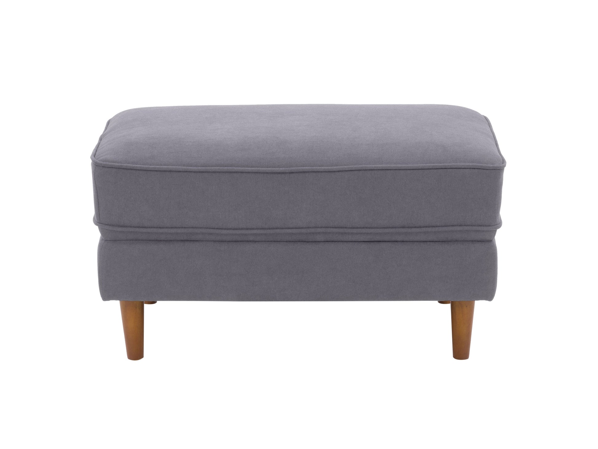 Grey accent chair with ottoman, tufted fabric, wooden legs, and modern design.