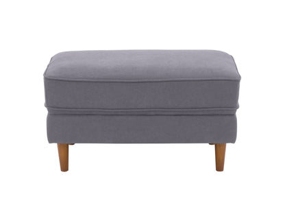 Grey accent chair with ottoman, tufted fabric, wooden legs, and modern design.