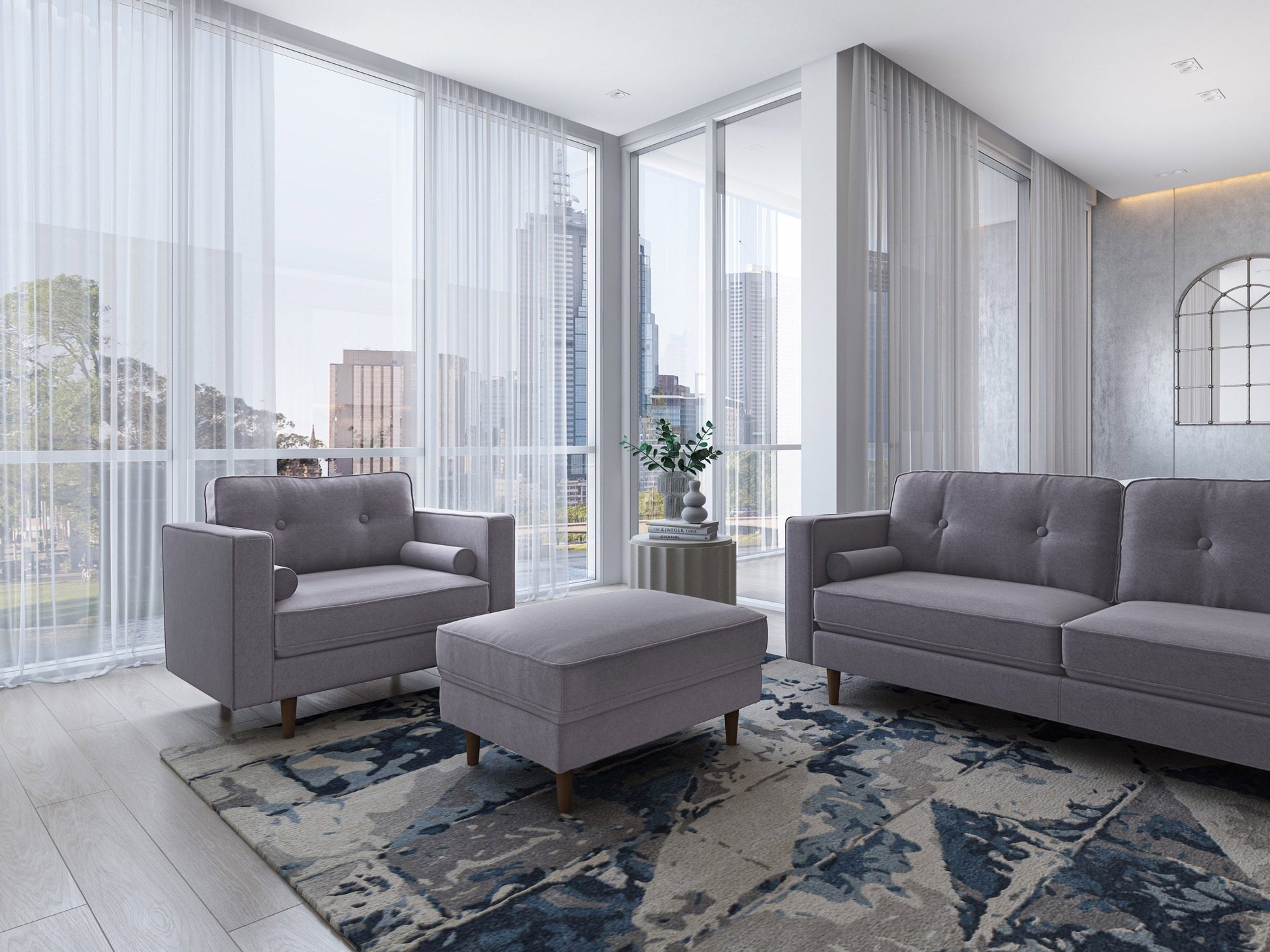 Grey accent chair with ottoman, tufted fabric, wooden legs, and modern design.