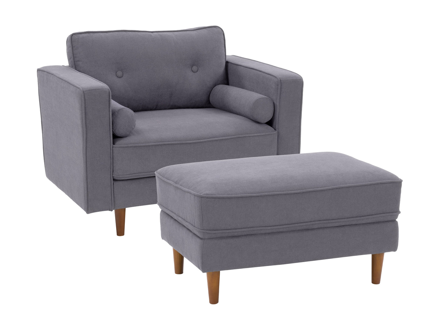 Grey accent chair with ottoman, tufted fabric, wooden legs, and contemporary design.