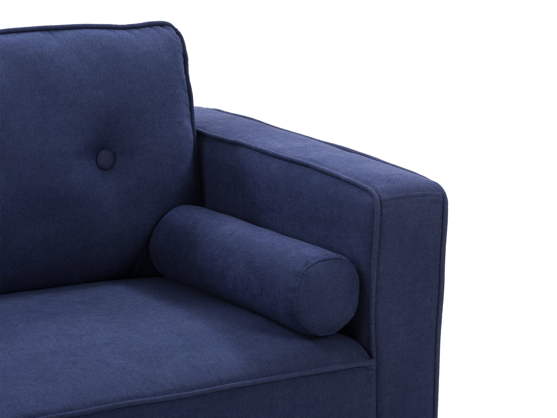 Navy blue 2 seater loveseat sofa with tufted cushions and wooden legs, mid-century modern design, perfect for small spaces.