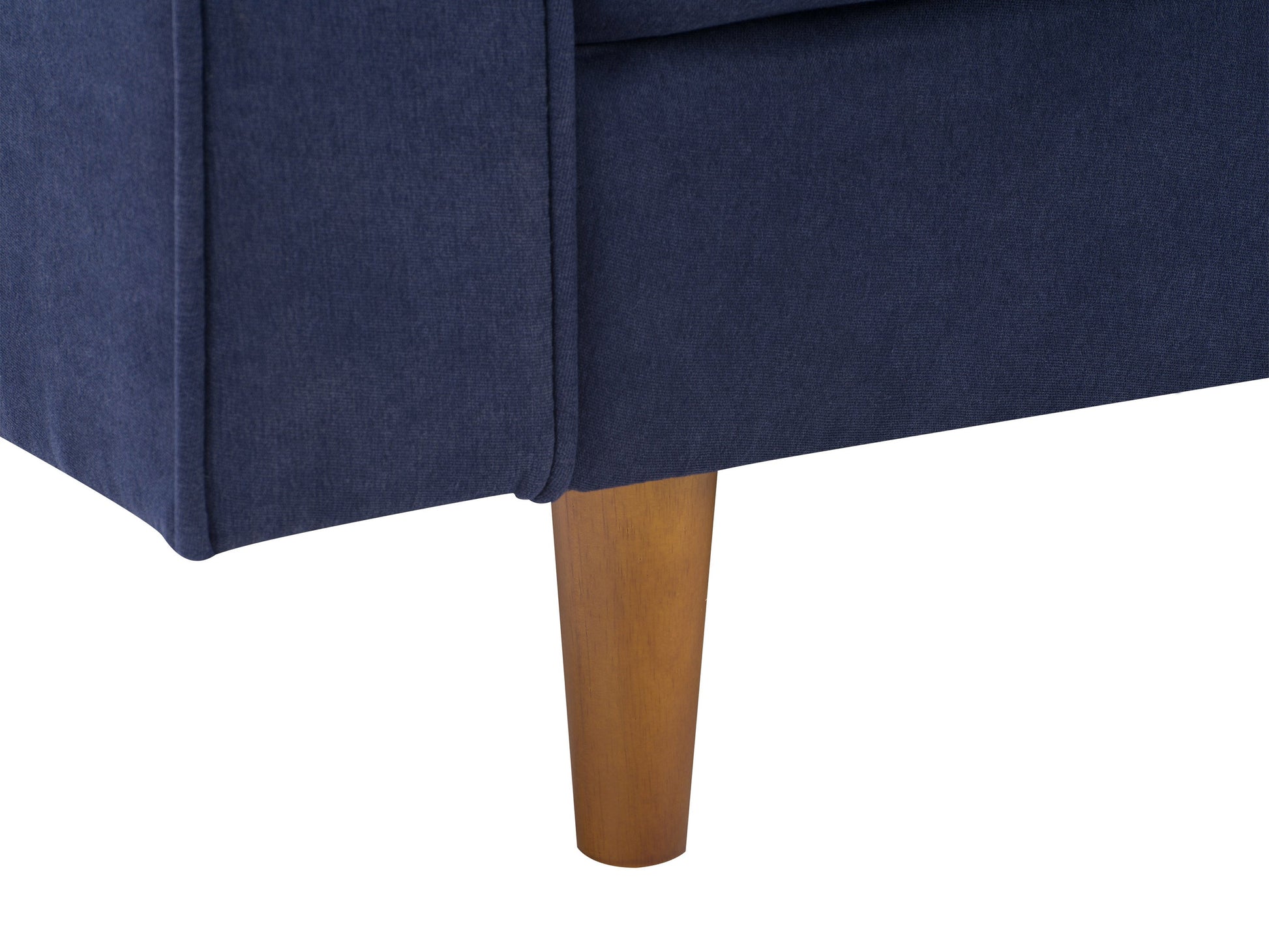 Navy blue 2 seater loveseat sofa with tufted cushions, wooden legs, and a modern design.