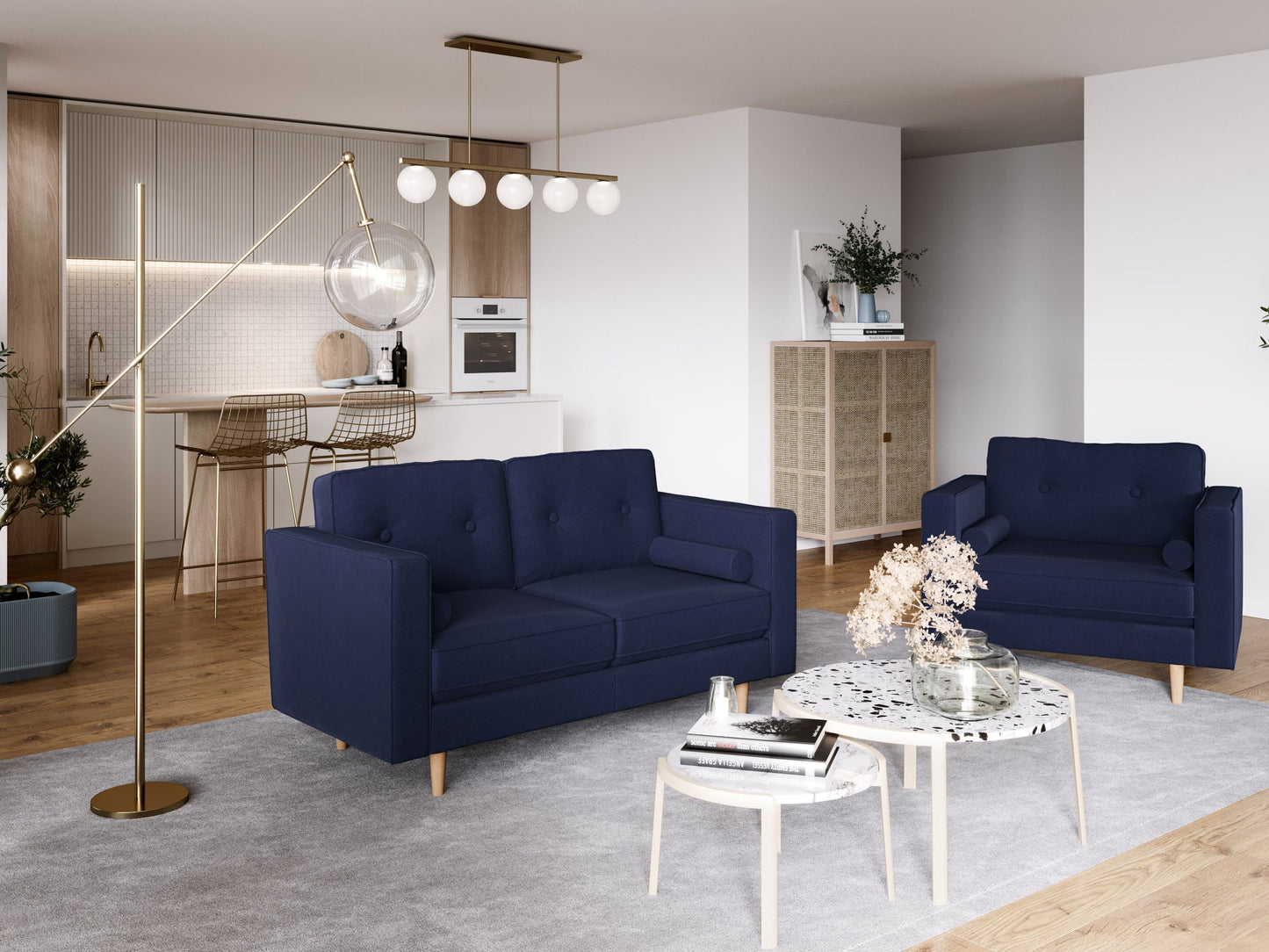 Navy blue 2 seater loveseat with tufted cushions, wooden legs, and modern design for living room.