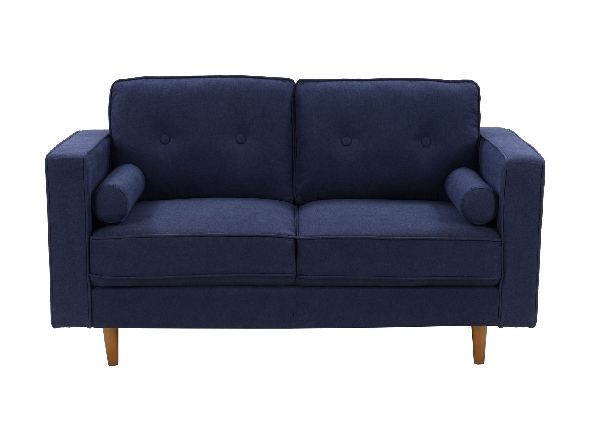 Navy blue 2-seater loveseat, fabric upholstery, wooden legs, tufted backrest, and modern design.