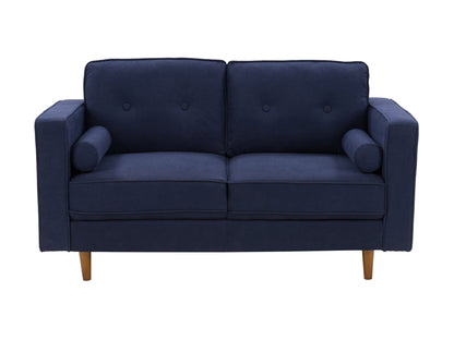 Navy blue 2-seater loveseat, fabric upholstery, wooden legs, tufted backrest, and modern design.