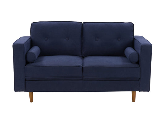 Navy blue 2-seater loveseat, fabric upholstery, wooden legs, tufted backrest, and modern design.