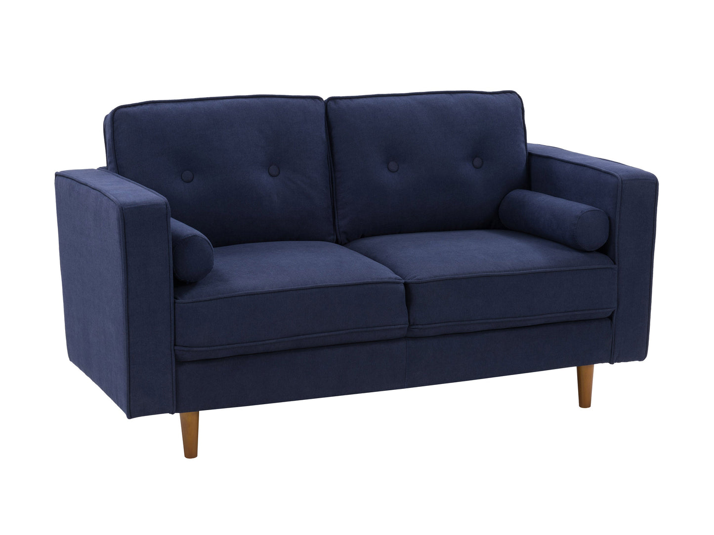 Navy blue 2-seater loveseat with tufted cushions, wooden legs, and modern design.
