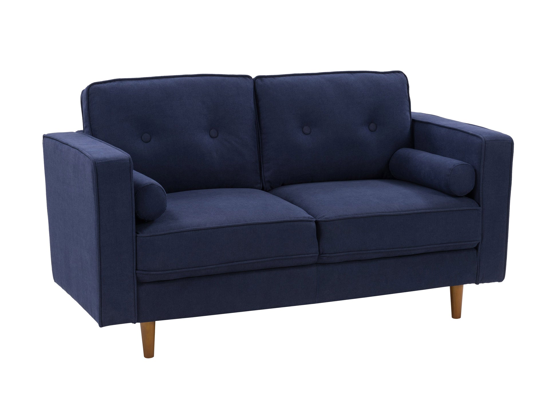 Navy blue 2-seater loveseat with tufted cushions, wooden legs, and modern design.