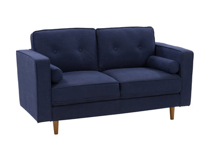 Navy blue 2-seater loveseat with tufted cushions, wooden legs, and modern design.