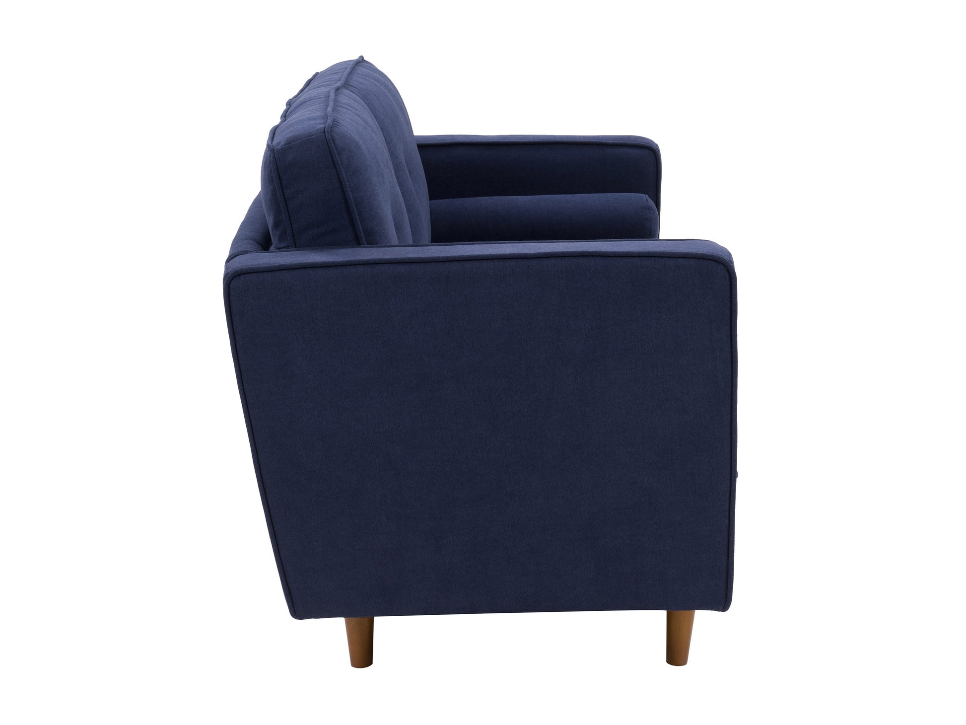 Navy blue 2 seater loveseat sofa with plush cushions, wooden legs, and a modern design.