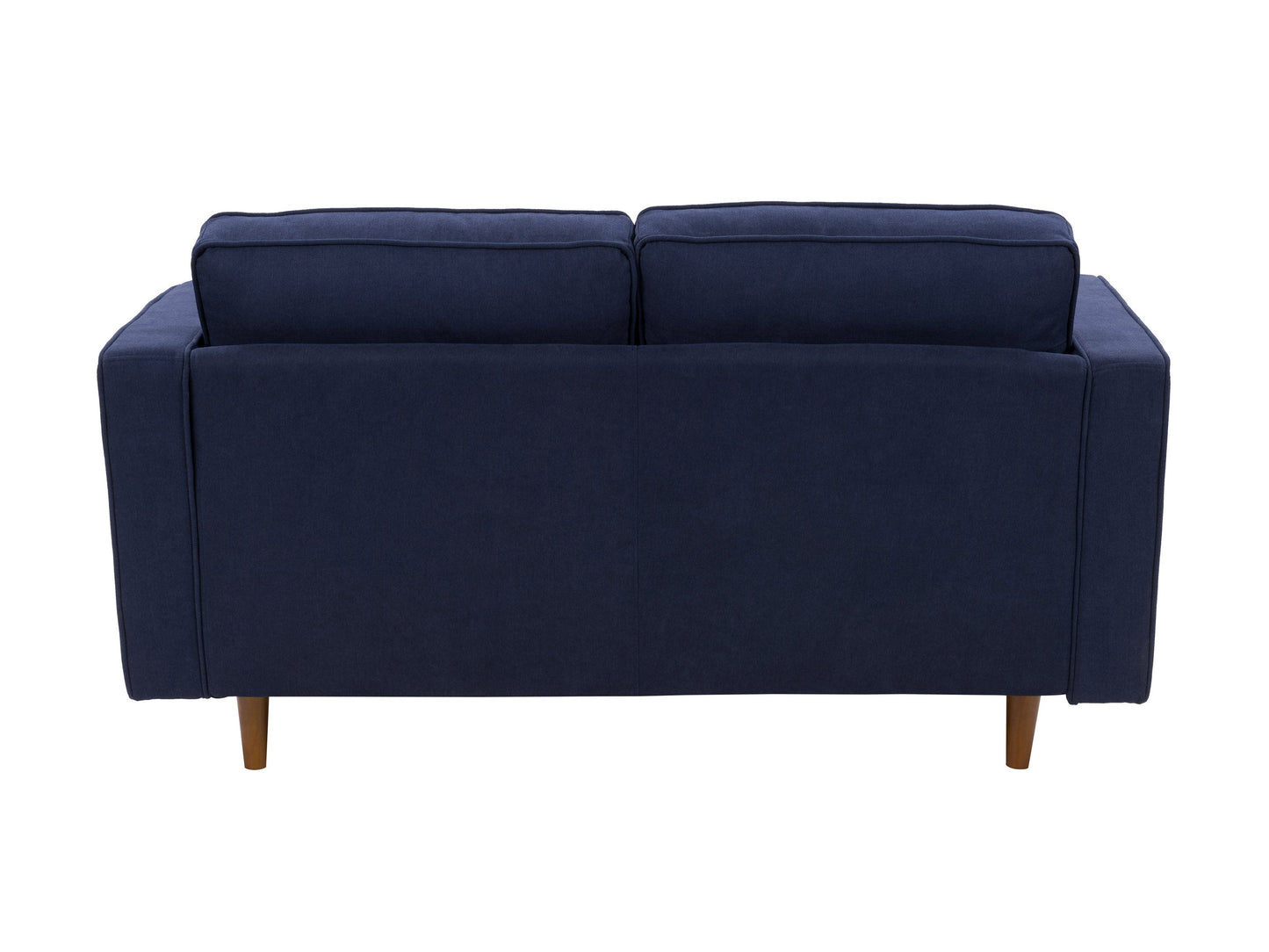 Navy blue 2 seater loveseat sofa with plush cushions, wooden legs, and a modern, minimalist design.
