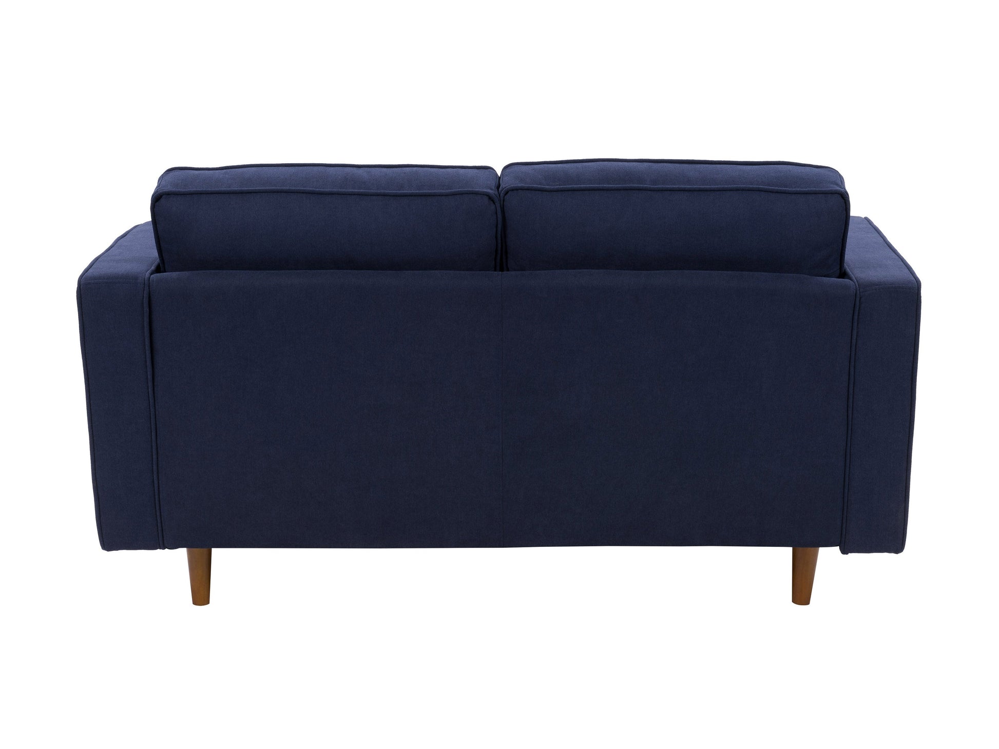 Navy blue 2 seater loveseat sofa with plush cushions, wooden legs, and a modern, minimalist design.