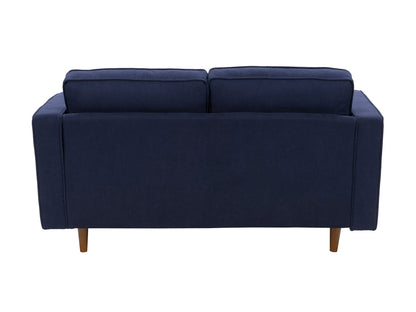 Navy blue 2 seater loveseat sofa with plush cushions, wooden legs, and a modern, minimalist design.