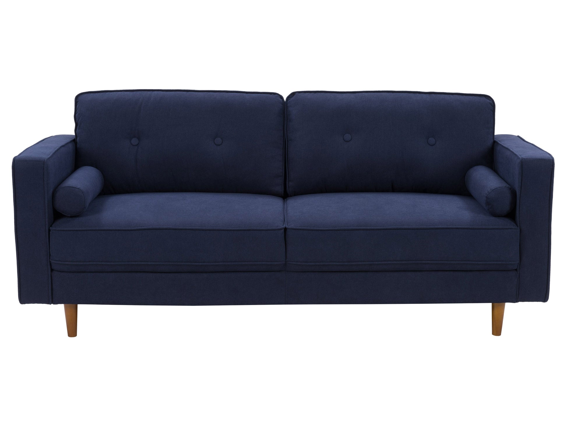 Navy blue 3 seater sofa with tufted cushions, wooden legs, and modern design.