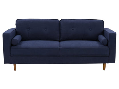 Navy blue 3 seater sofa with tufted cushions, wooden legs, and modern design.