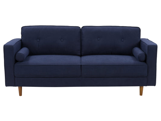 Navy blue 3 seater sofa with tufted cushions, wooden legs, and modern design.