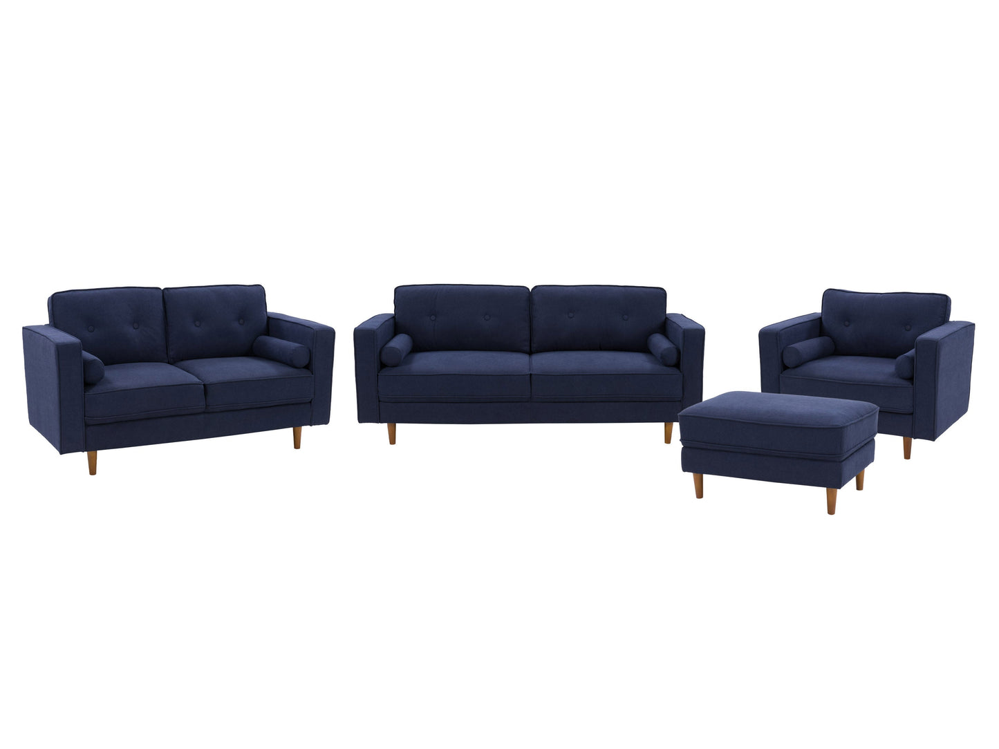 Navy blue 4-piece living room sofa set with plush cushions and sleek modern design.