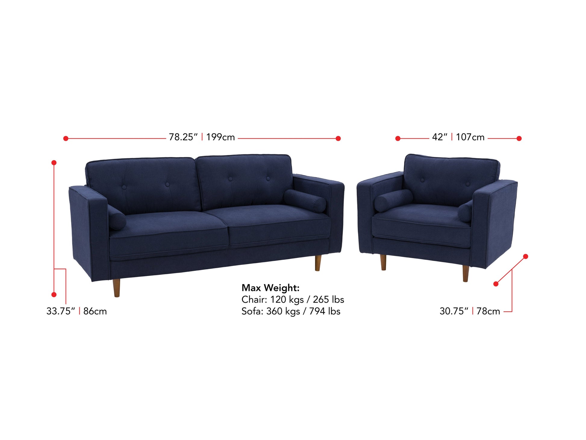 Navy blue sofa and chair set with tufted cushions, wooden legs, and modern design.