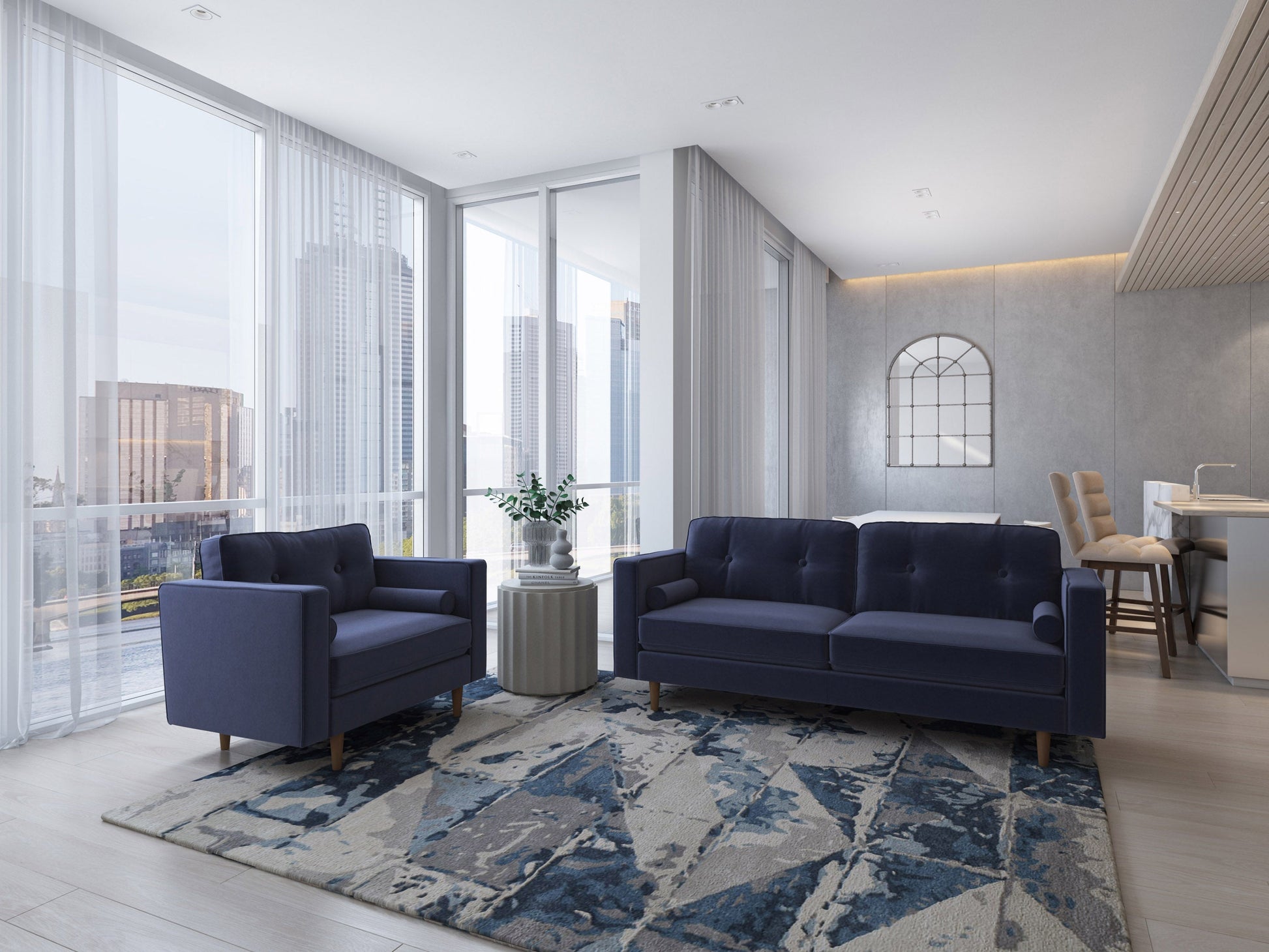 Navy blue sofa and chair set with tufted cushions, wooden legs, and modern design.