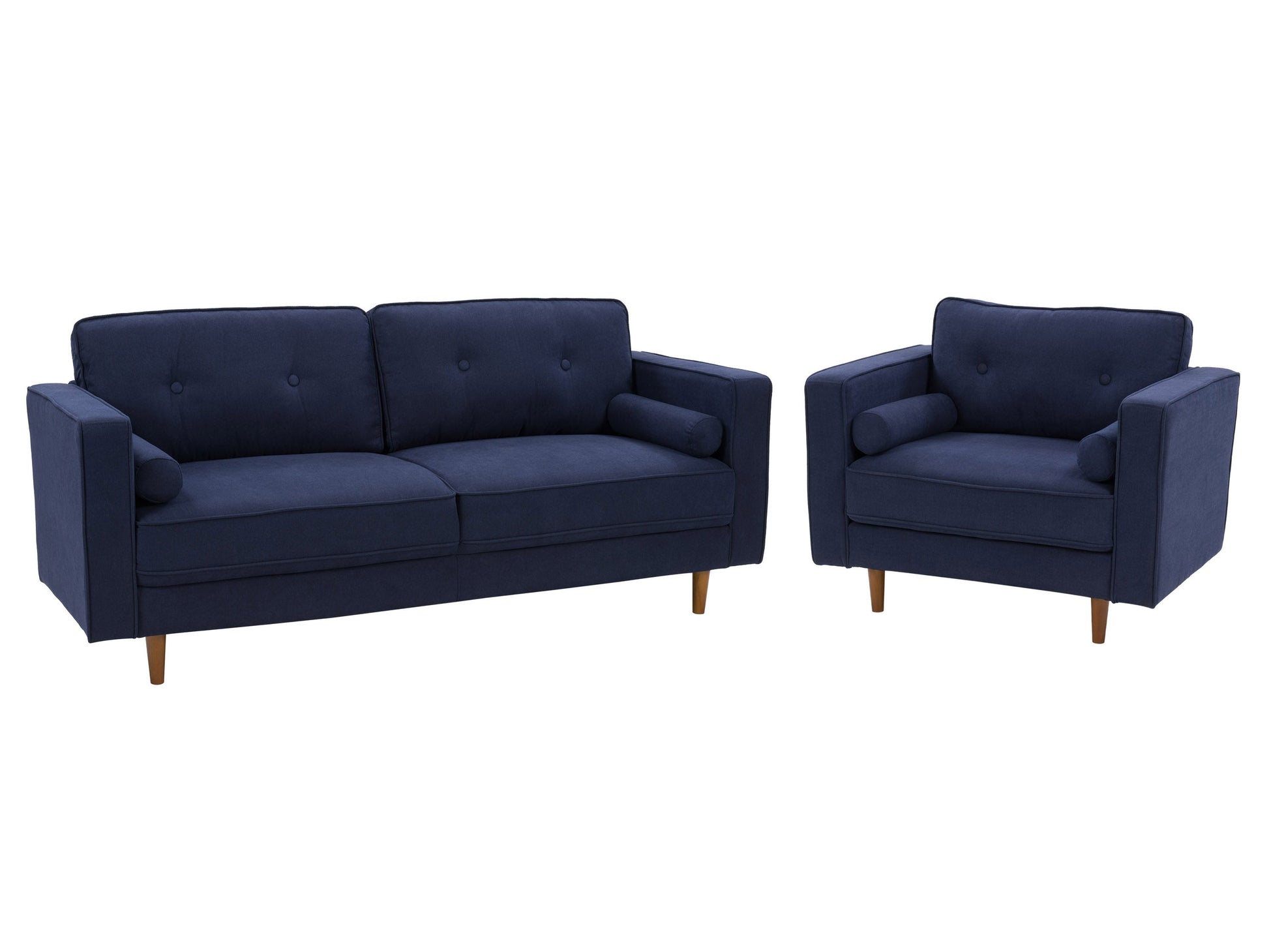 Navy blue sofa and chair set with tufted cushions, wooden legs, and a modern minimalist design.