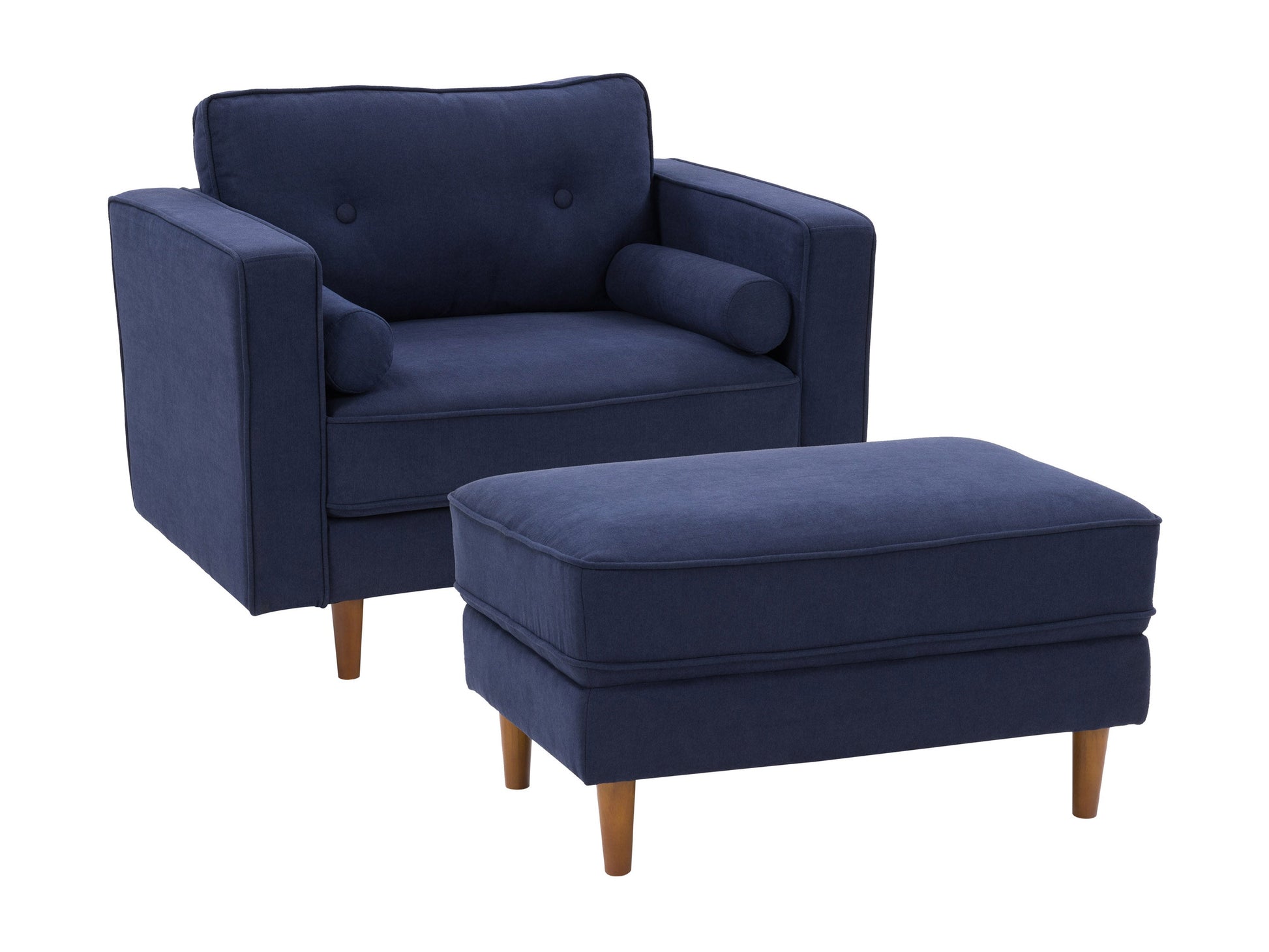 Navy blue accent chair with matching ottoman, wooden legs, and tufted cushions for modern living rooms.