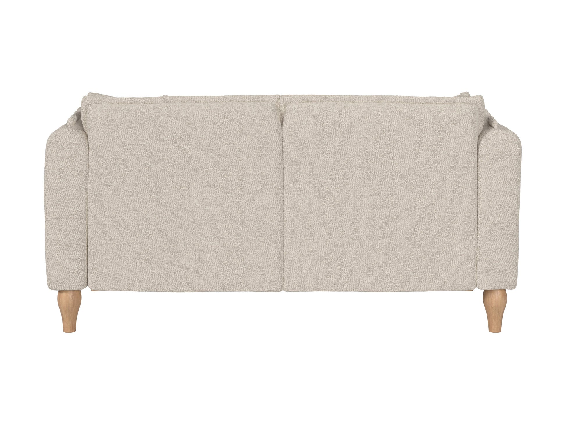 White boucle loveseat with curved back, wooden legs, and plush cushions, perfect for modern living rooms.