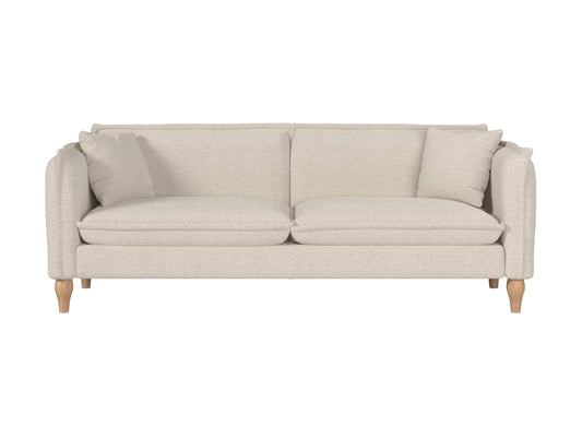 Cream boucle sofa with wooden legs, tufted backrest, and modern minimalist design.
