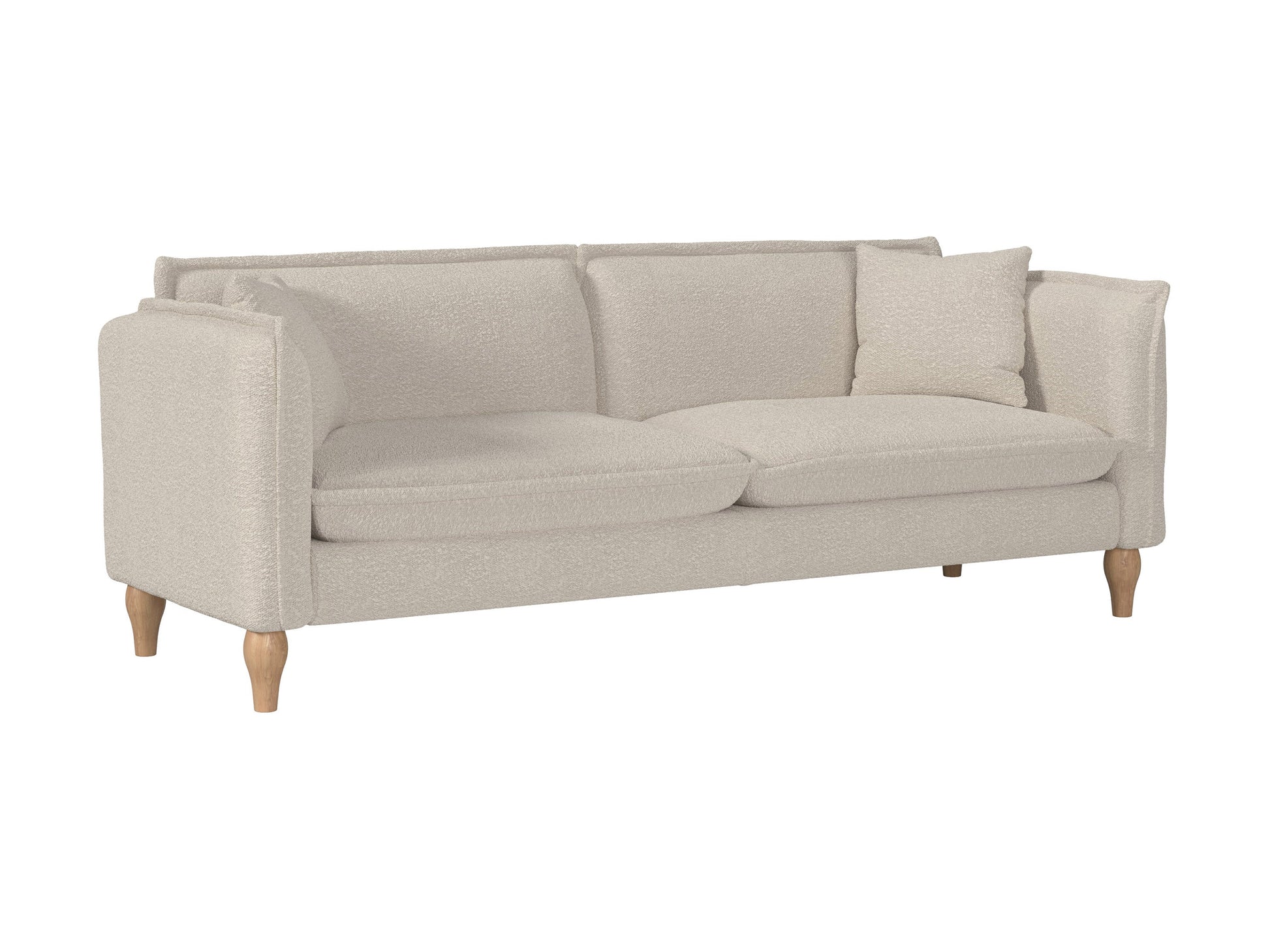 Cream boucle sofa with wooden legs, tufted cushions, and a contemporary design perfect for modern living rooms.