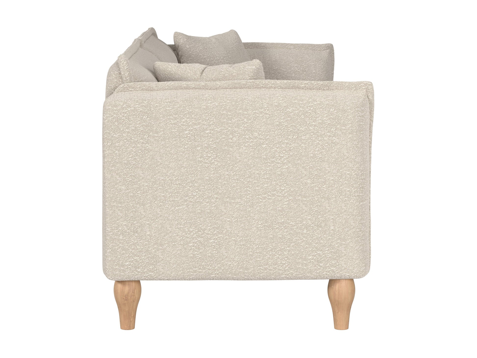 Luxurious white boucle sofa with plush cushions and sleek wooden legs, perfect for modern living rooms.