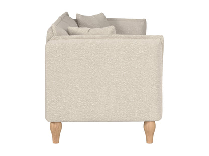 Luxurious white boucle sofa with plush cushions and sleek wooden legs, perfect for modern living rooms.