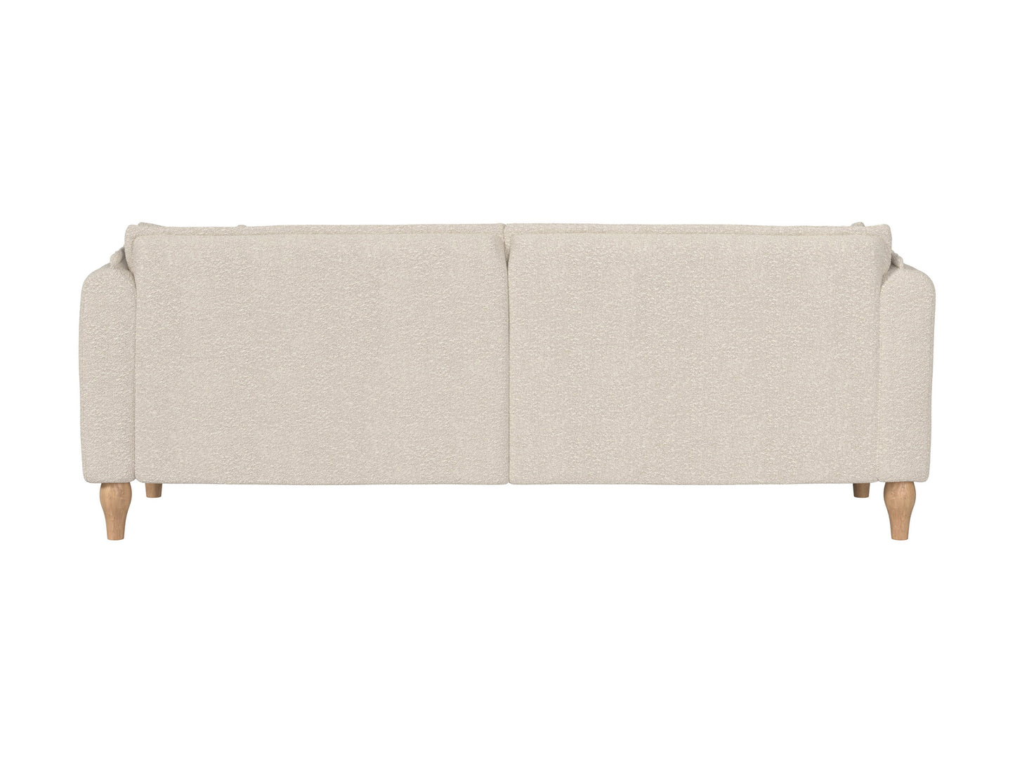 Boucle sofa with curved design, white textured fabric, and sleek wooden legs for modern living rooms.