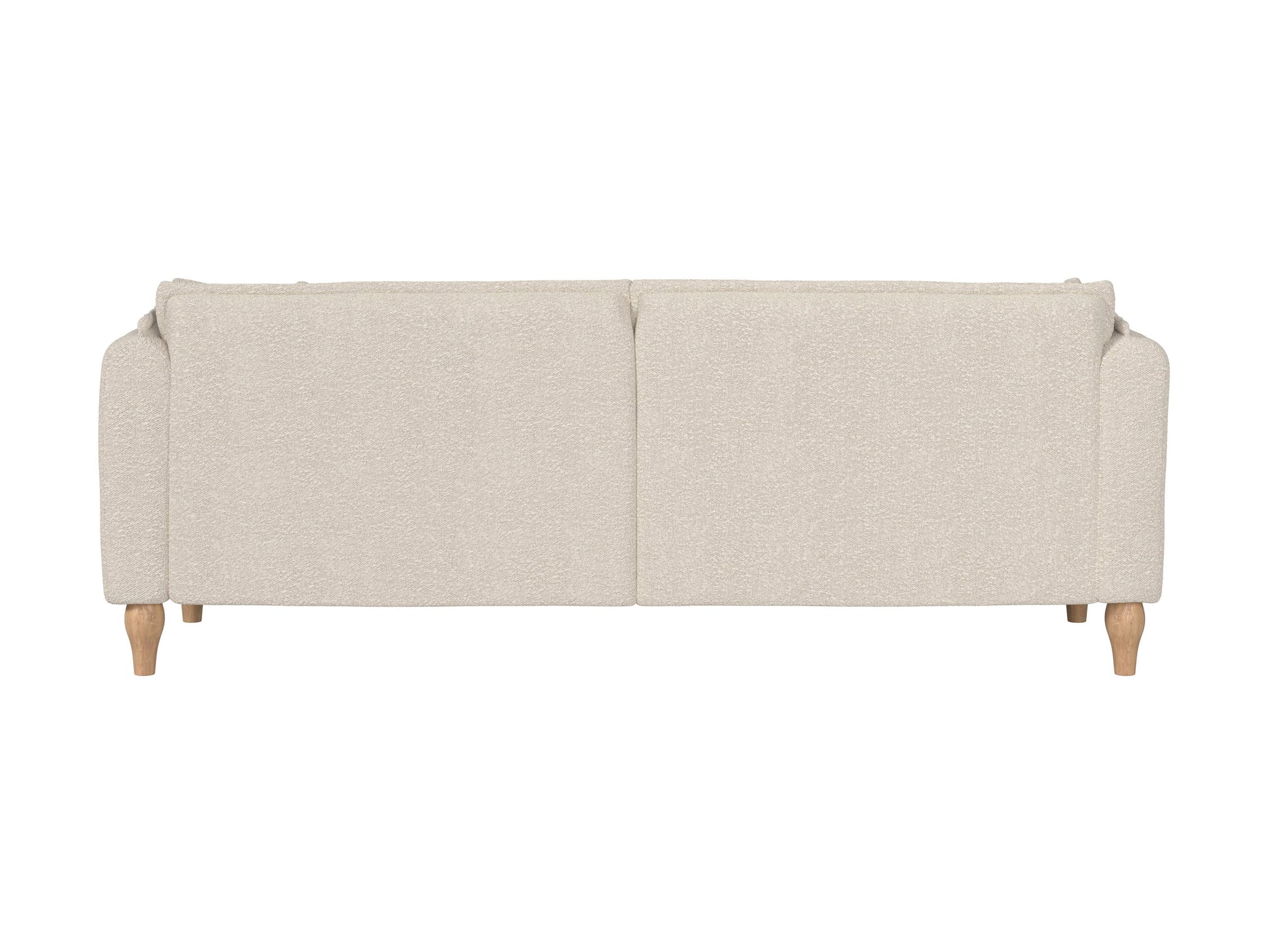 Boucle sofa with curved design, white textured fabric, and sleek wooden legs for modern living rooms.