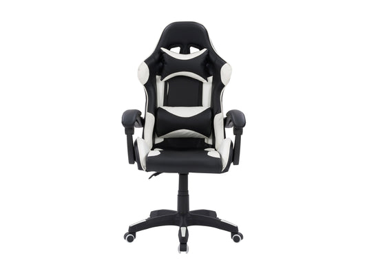 Black and white reclining gaming chair with ergonomic design, padded armrests, and adjustable headrest.