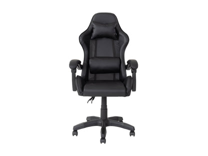 Gaming chair with blue and black upholstery, ergonomic high-back, padded arms, five-caster base.