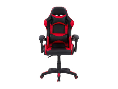 Gaming chair with red and black upholstery, ergonomic high-back design, padded armrests, five-wheel base.