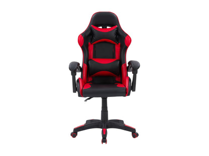 Reclining black and red gaming chair with ergonomic design, padded armrests, and lumbar support.