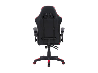 Black and red reclining gaming chair with ergonomic design, adjustable armrests, and lumbar support