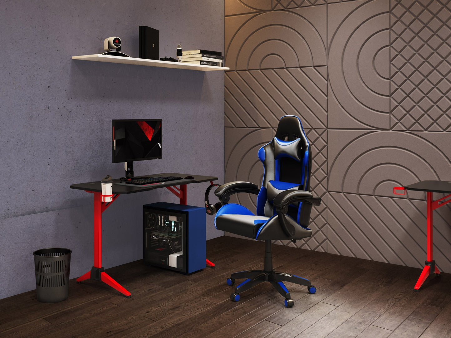 Black and blue reclining gaming chair with ergonomic design, padded armrests, and adjustable headrest
