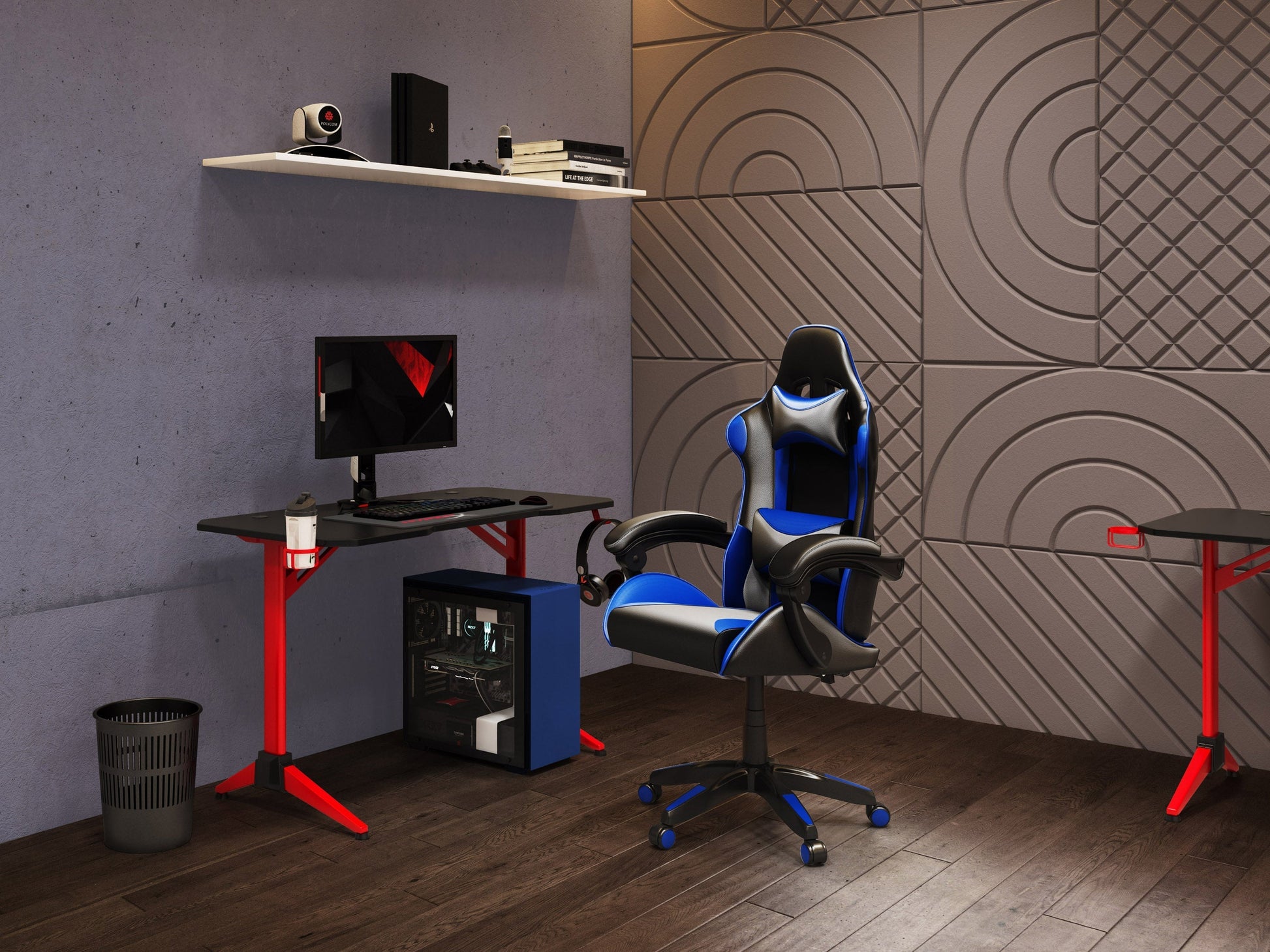 Black and blue reclining gaming chair with ergonomic design, padded armrests, and adjustable headrest