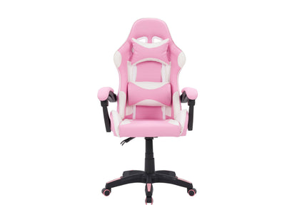 Gaming chair with pink and white upholstery, ergonomic high-back, padded arms, five-caster base.