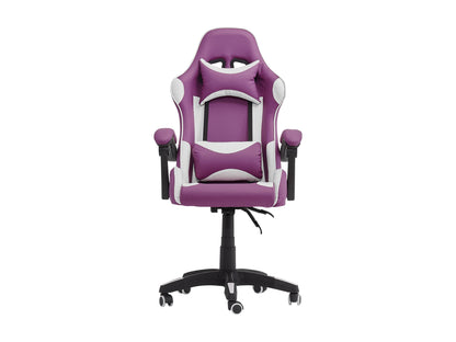 Black and gray gaming chair with ghost white cushions, ergonomic design, five-point wheeled base.