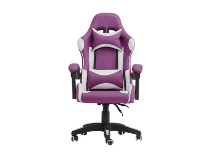 Reclining purple and white gaming chair with ergonomic design, padded armrests, and adjustable headrest.