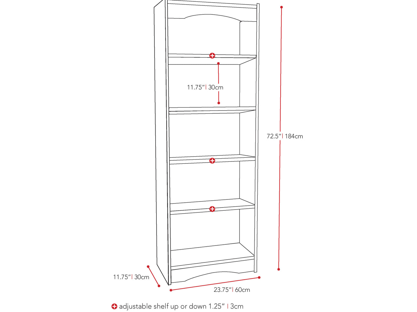Tall black 72" bookcase with five spacious shelves, sleek modern design, and sturdy build. Ideal for organizing books, decor, and storage in living rooms or offices.