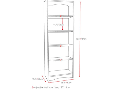 Tall black 72" bookcase with five spacious shelves, sleek modern design, and sturdy build. Ideal for organizing books, decor, and storage in living rooms or offices.