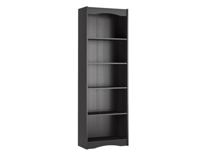 Tall black bookshelf with five open shelves, 72 inches high, minimalist design, sturdy wood construction, and smooth finish, ideal for home or office storage and display.